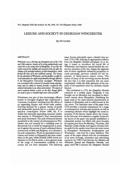 Leisure and Society in Georgian Winchester