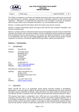 Laa Type Acceptance Data Sheet Tads E03 Jabiru Engines