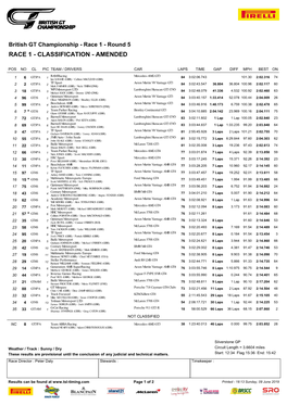 British GT Championship - Race 1 - Round 5 RACE 1 - CLASSIFICATION - AMENDED