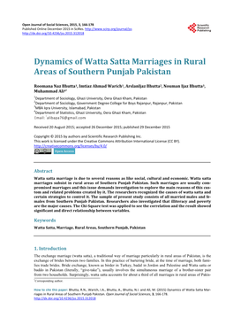 Dynamics of Watta Satta Marriages in Rural Areas of Southern Punjab Pakistan