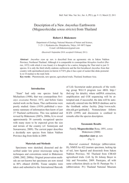 Description of a New Amynthas Earthworm (Megascolecidae Sensu Stricto) from Thailand