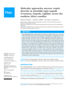 Molecular Approaches Uncover Cryptic Diversity in Intertidal Ligia Isopods (Crustacea, Isopoda, Ligiidae) Across the Southern Africa Coastline