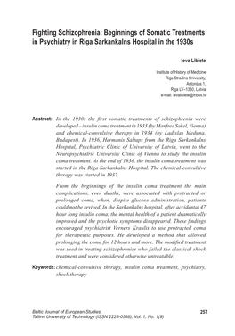 Beginnings of Somatic Treatments in Psychiatry in Riga Sarkankalns Hospital in the 1930S