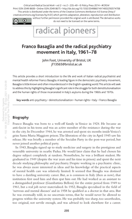 Franco Basaglia and the Radical Psychiatry Movement in Italy