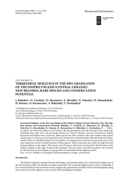 Terrestrial Molluscs in the Dry Grasslands of the Dnipro Upland (Central Ukraine): New Records, Rare Species and Conservation Potential