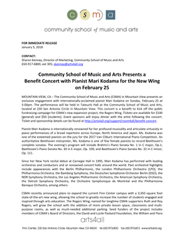 CSMA Presents Benefit Concert with Pianist Mari Kodama