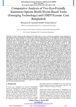 Comparative Analysis of Two Eco-Friendly Sanitation Options Biofil-Worm-Based Toilet (Emerging Technology) and UDDT/Ecosan: Case Bangladesh