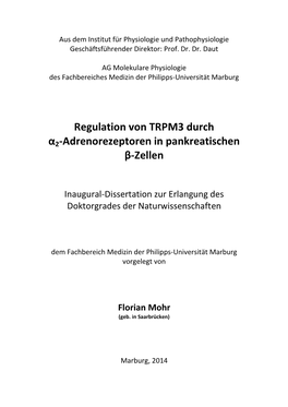 Regulation Von TRPM3 Durch Α2-Adrenorezeptoren in Pankreatischen Β-Zellen