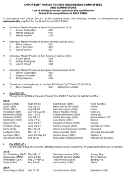 IMPORTANT NOTICE to CSIO ORGANISING COMMITTEES and COMPETITORS List of Athletes/Horses Automatically Qualified for Grand Prix Competitions at 2015 Csios