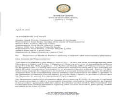 April 29, 2021 STATE of IDAHO TRANSMITTED VIA EMAIL Senator Chuck Winder, President Pro Tempore of the Senate Representative