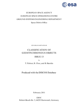 CLASSIFICATION of GEOSYNCHRONOUS OBJECTS ISSUE 13 Produced with the DISCOS Database