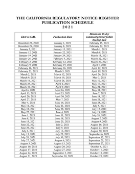 2021 California Regulatory Notice Register Publication Schedule