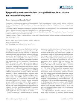 Epigenetics Meets Metabolism Through PHB-Mediated Histone H3.3 Deposition by HIRA