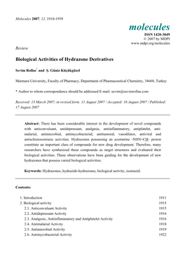 Biological Activities of Hydrazone Derivatives