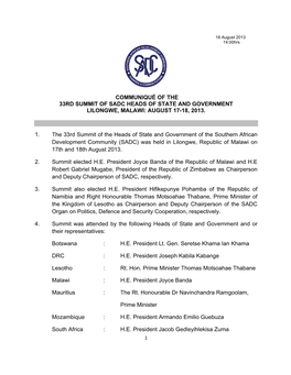 Communiqué of the 33Rd Summit of Sadc Heads of State and Government Lilongwe, Malawi: August 17-18, 2013
