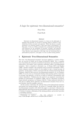 A Logic for Epistemic Two-Dimensional Semantics