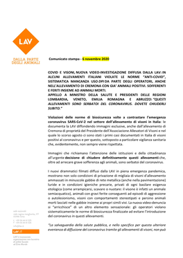 Comunicato Stampa - 6 Novembre 2020