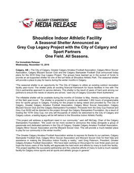 Shouldice Indoor Athletic Facility a Seasonal Shelter Announced As Grey Cup Legacy Project with the City of Calgary and Sport Partners One Field