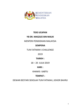 Pdf Majlis Perasmian Program Tun Fatimah I-Challenge