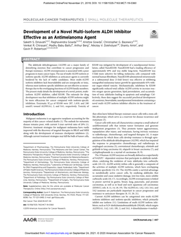 Development of a Novel Multi-Isoform ALDH Inhibitor Effective As an Antimelanoma Agent Saketh S