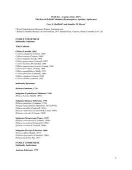June, 2017) the Bees of British Columbia (Hymenoptera, Apoidea, Apiformes