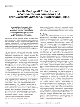 Aortic Endograft Infection with Mycobacterium Chimaera and Granulicatella Adiacens, Switzerland, 2014