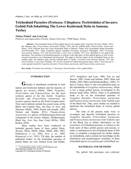 Trichodinid Parasites (Protozoa: Ciliophora: Peritrichida) of Invasive Gobiid Fish Inhabiting the Lower Kızılırmak Delta in Samsun, Turkey