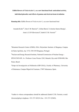 Edible Flowers of Viola Tricolor L. As a New Functional Food: Antioxidant Activity, Individual Phenolics and Effects of Gamma An