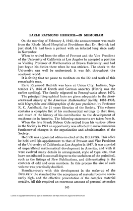 EARLE RAYMOND HEDRICK—IN MEMORIAM on the Morning of February 3, 1943, the Announcement Was Made from the Rhode Island Hospital at Providence That Dr