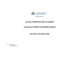 Liste Des LICHENS De L'est Du CANADA Checklist of LICHENS Of