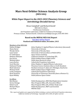 Mars Next Orbiter Science Analysis Group (NEX-SAG)