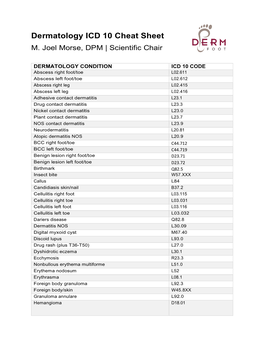 Dermatology ICD 10 Cheat Sheet M