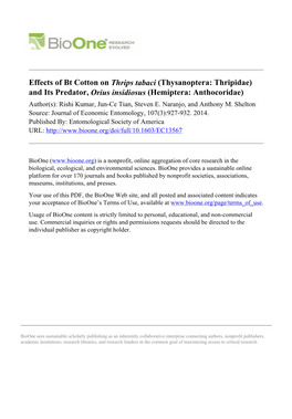 Effects of Bt Cotton on Thrips Tabaci (Thysanoptera: Thripidae)