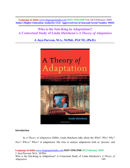 Who Is the Sun-King in Adaptations? a Contextual Study of Linda Hutcheon's a Theory of Adaptation