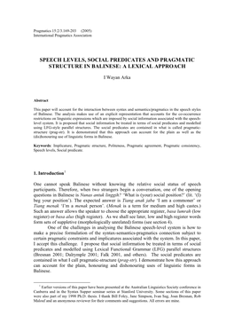 Speech Levels, Social Predicates and Pragmatic Structure in Balinese: a Lexical Approach