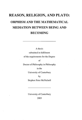 Reason, Religion, and Plato: Orphism and the Mathematical Mediation
