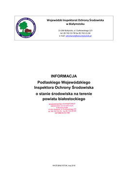 INFORMACJA Podlaskiego Wojewódzkiego Inspektora Ochrony Środowiska O Stanie Środowiska Na Terenie Powiatu Białostockiego