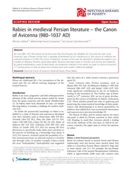 Rabies in Medieval Persian Literature – the Canon of Avicenna (980–1037 AD) Behnam Dalfardi1,2, Mohammad Hosein Esnaashary1,2 and Hassan Yarmohammadi1,2*