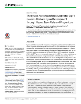 The Lysine Acetyltransferase Activator Brpf1 Governs Dentate Gyrus Development Through Neural Stem Cells and Progenitors