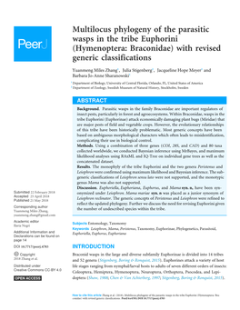 Multilocus Phylogeny of the Parasitic Wasps in the Tribe Euphorini (Hymenoptera: Braconidae) with Revised Generic Classifications