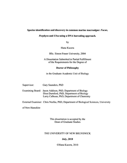 Fucus, Porphyra and Ulva Using a DNA Barcoding Approach, (Invited Seminar) Bamfield