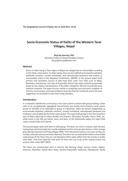 Socio-Economic Status of Dalits of the Western Tarai Villages, Nepal