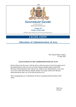 Government Gazette of the STATE of NEW SOUTH WALES Number 89 Friday, 25 May 2001 Published Under Authority by the Government Printing Service