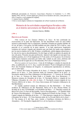 Memoria De Las Actividades Arqueológicas Llevadas a Cabo En El Distrito Universitario De Madrid Durante El Año 1962 Antonio García Y Bellido [-358→]