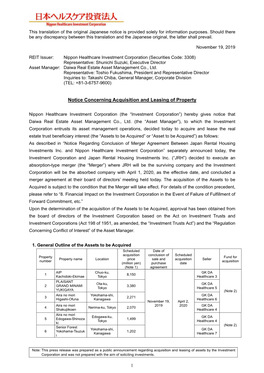 2019/11/19 Notice Concerning Acquisition and Leasing of Property