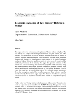 Economic Evaluation of Taxi Industry Reform in Sydney