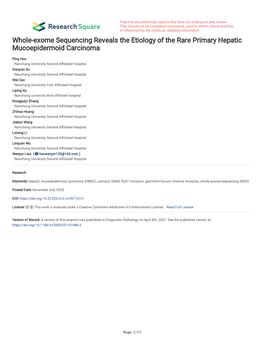 Whole-Exome Sequencing Reveals the Etiology of the Rare Primary Hepatic Mucoepidermoid Carcinoma