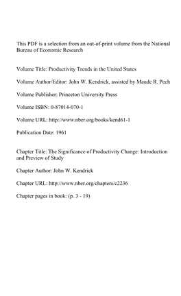 The Significance of Productivity Change: Introduction and Preview of Study