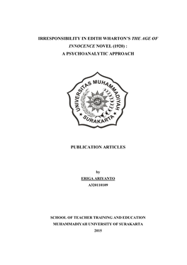 Irresponsibility in Edith Wharton's the Age of Innocence Novel (1920) : a Psychoanalytic Approach Publication Articles