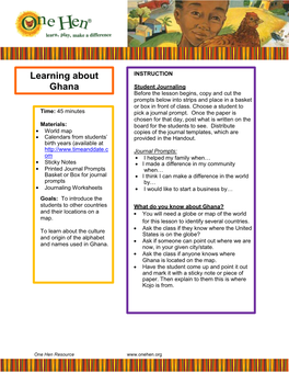 Learning About Ghana Student Journaling Before the Lesson Begins, Copy and Cut the Prompts Below Into Strips and Place in a Basket Or Box in Front of Class